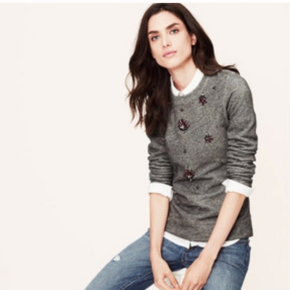 LOFT Gray Sweatshirt w/ Purple Rhinestones in the Front. EUC - Picture 7 of 7